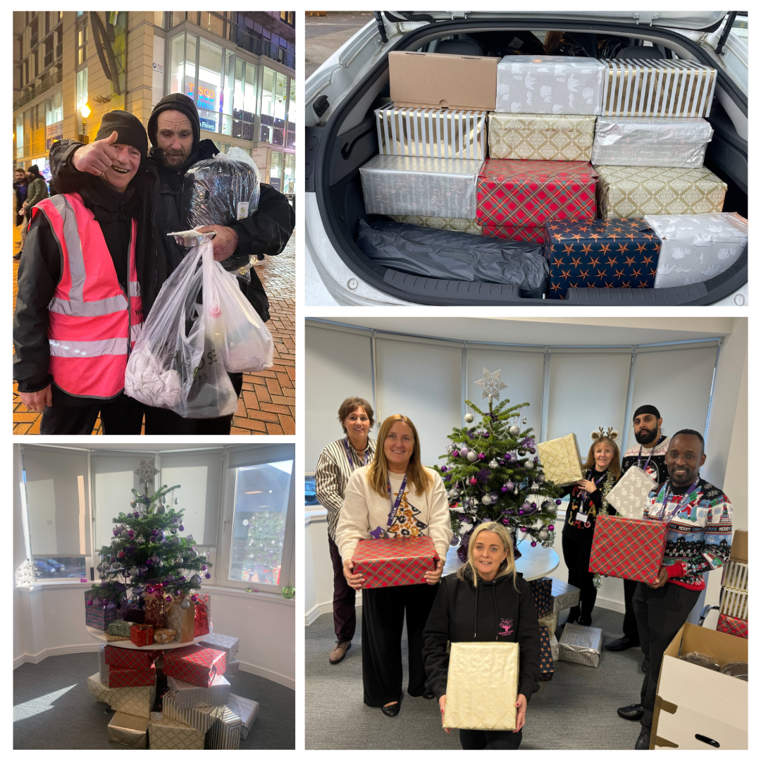 Wrapped Christmas boxes ready for collection under the tree and being handed over to the Helping Hands of Birmingham team. Wrapped Christmas boxes loaded in the boot of the car and then being distributed on the streets of Birmingham.