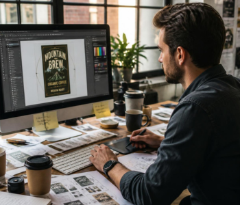 man designing packaging label