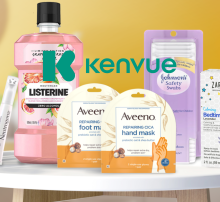 Kenvue logo and products: Neutrogena, Listerine, Aveeno, Johnson's and Zarbees