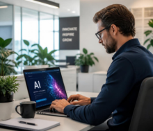 Business man using laptop with artificial intelligence running on it