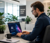 Business man using laptop with artificial intelligence running on it